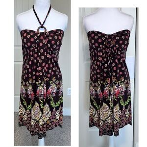 Floral Halter or Strapless Stretch Brown Multi Colored Padded Bra Dress Sz Large